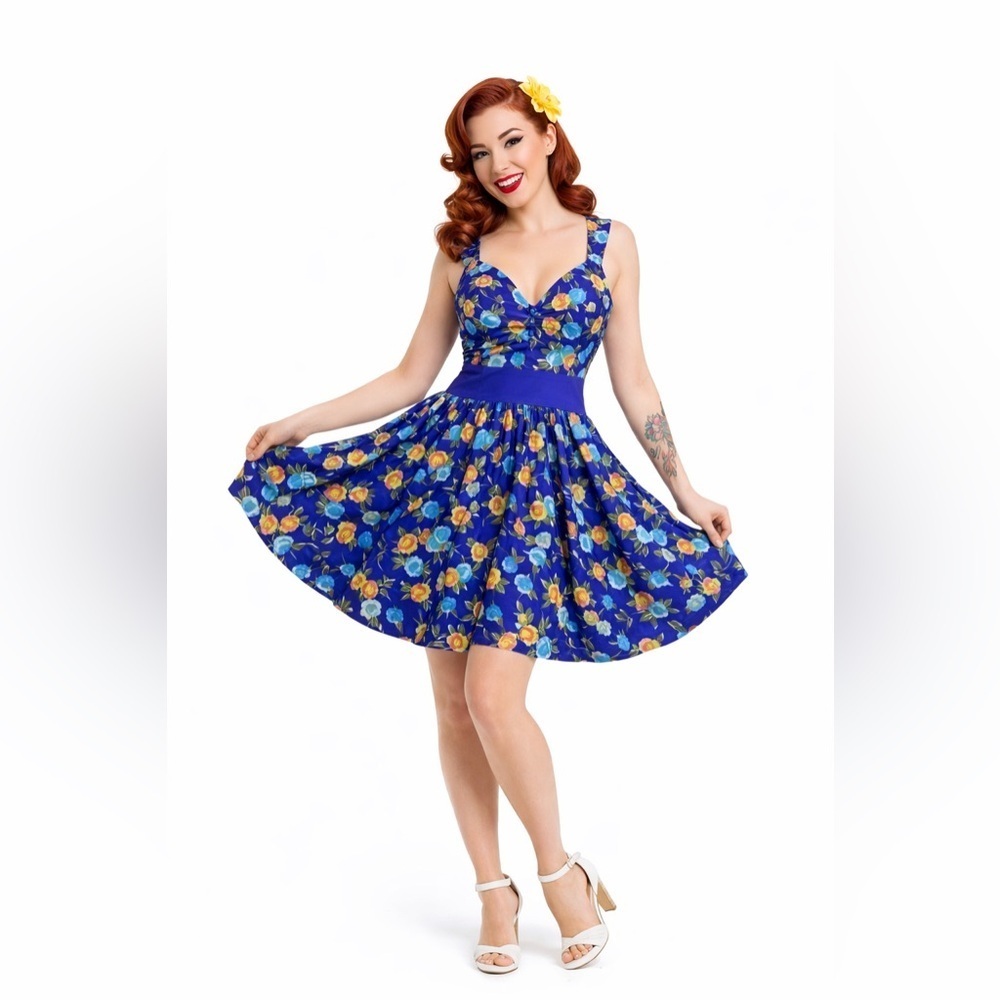 Plenty Tracey Reece Anthropologie Blue Floral Fit Flare Blue Pin Up Dress Size 4